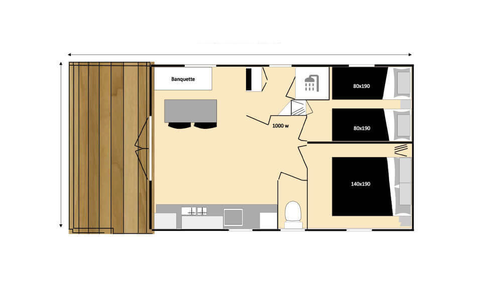 Plano del mobil-home Les Bleuets (Los Acianos) 4 camas, en alquiler en Salles-Curan